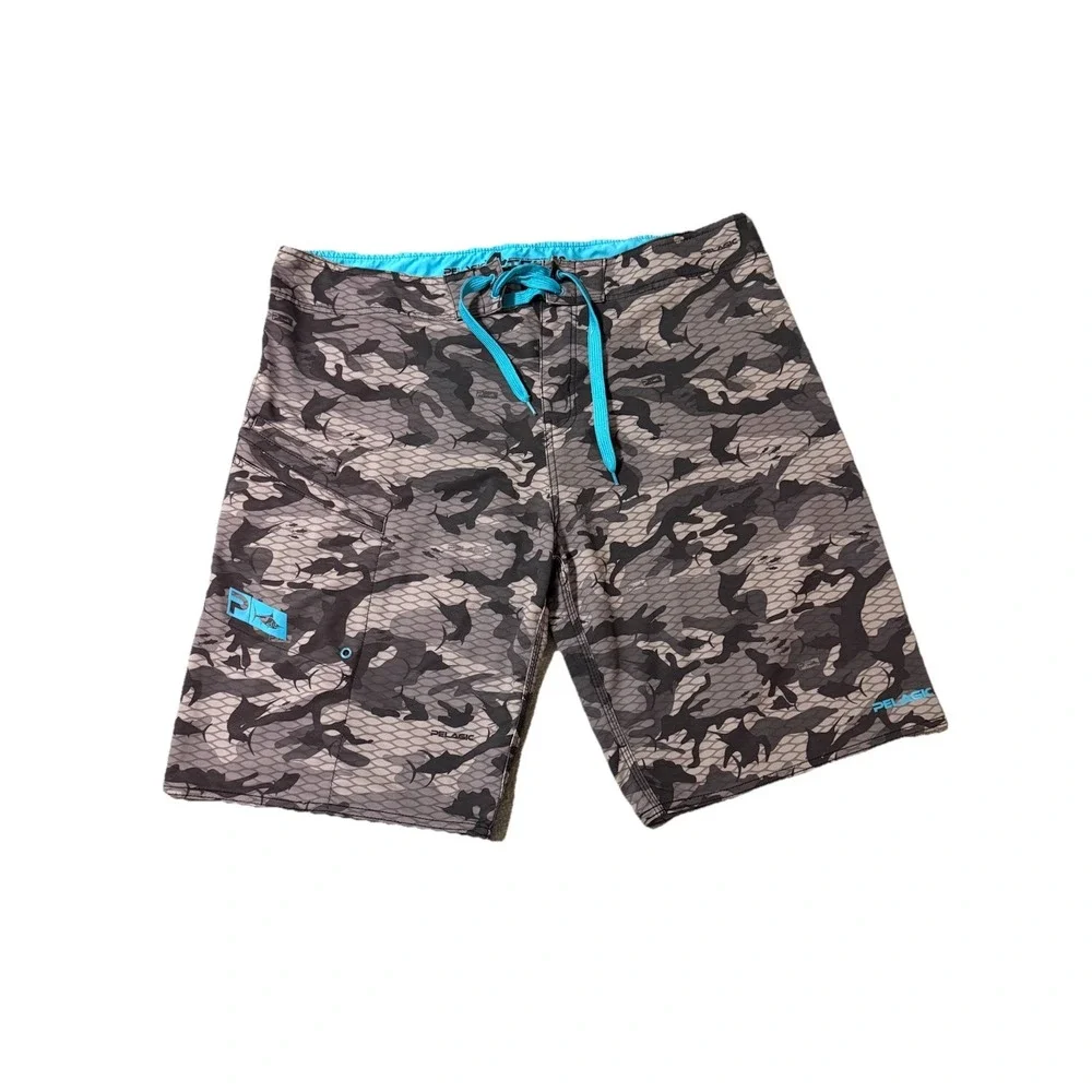Pelagic 4Tek Fish Camo 2 Gray Board Shorts Men 40 Swim Trunks Pocket Drawstring